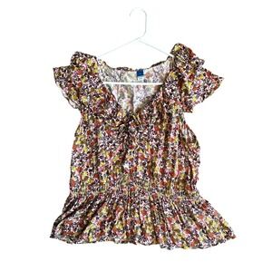 Old Navy Women's Floral Waist Defined Ruffle Top Size large Peplum Yellow‎